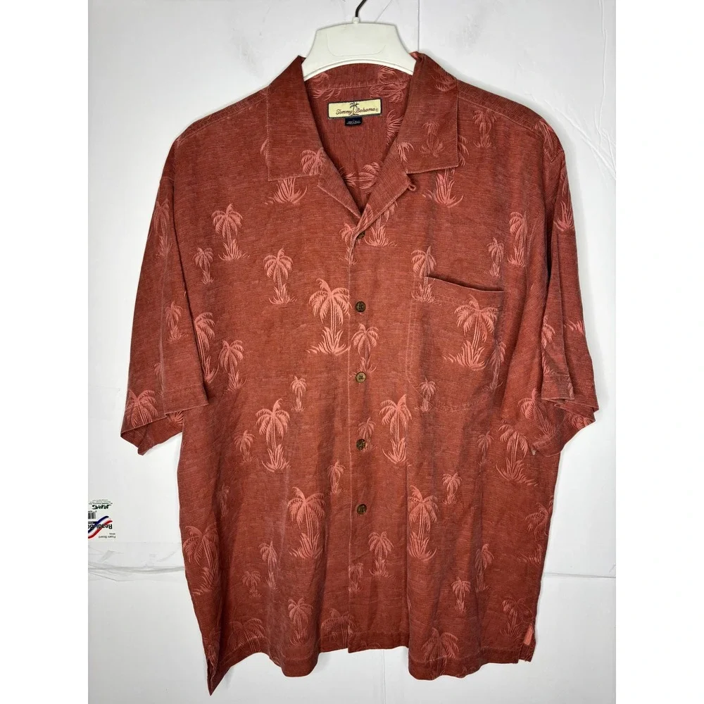 Tommy Bahama Mens Large Silk Palm Tree Jacquard Camp Shirt Terracotta‎ Rust